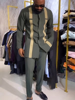 African Men’s Stripe Pattern Outfit Set – Long Sleeve Cultural Robe & Matching Drawstring Pants - Free Delivery Worldwide only at Flexi Africa