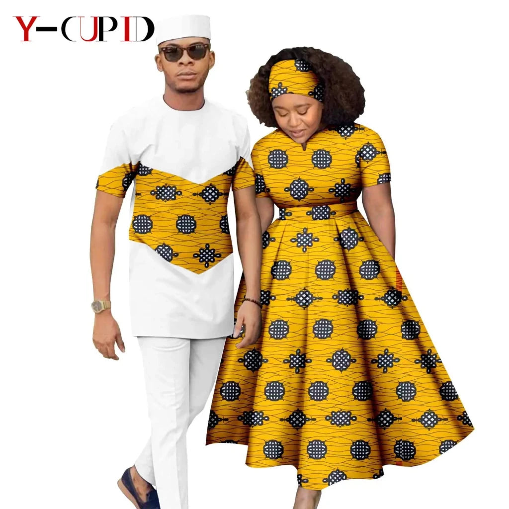 African Print Couple Matching Set – Women’s Long Dress & Men’s Dashiki Pant Outfit - Free Delivery Worldwide only at Flexi Africa