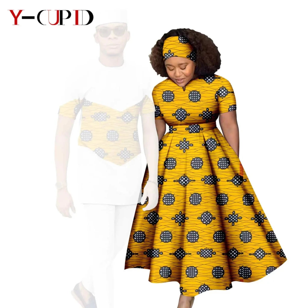 African Print Couple Matching Set – Women’s Long Dress & Men’s Dashiki Pant Outfit - Free Delivery Worldwide only at Flexi Africa