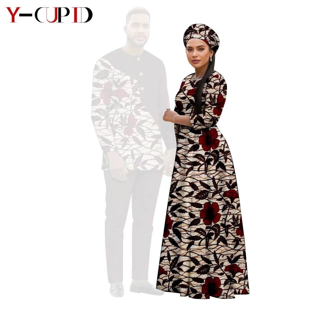 African Print Couple Outfit Set – Women’s Long Tutu Dress & Men’s Dashiki Suit Top and Pants - Free Delivery Worldwide only at Flexi Africa
