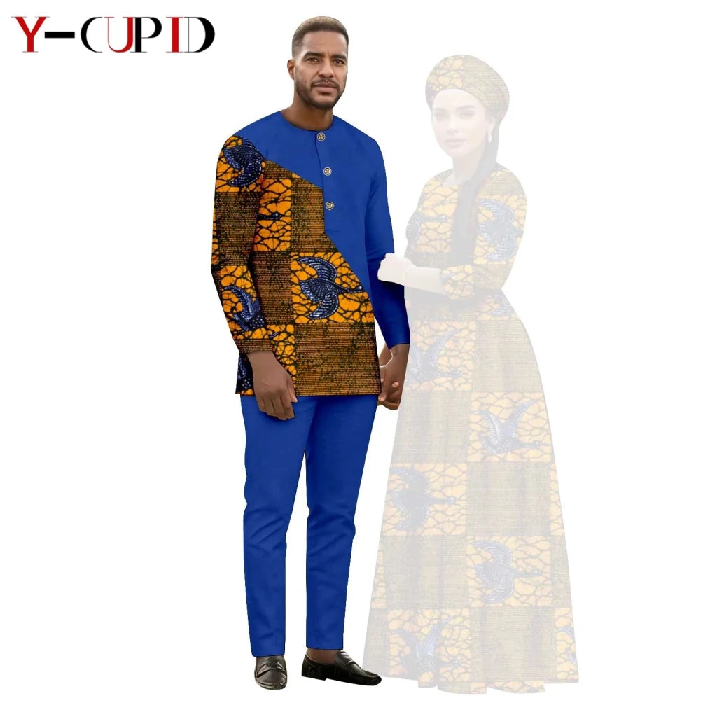 African Print Couple Outfit Set – Women’s Long Tutu Dress & Men’s Dashiki Suit Top and Pants - Free Delivery Worldwide only at Flexi Africa