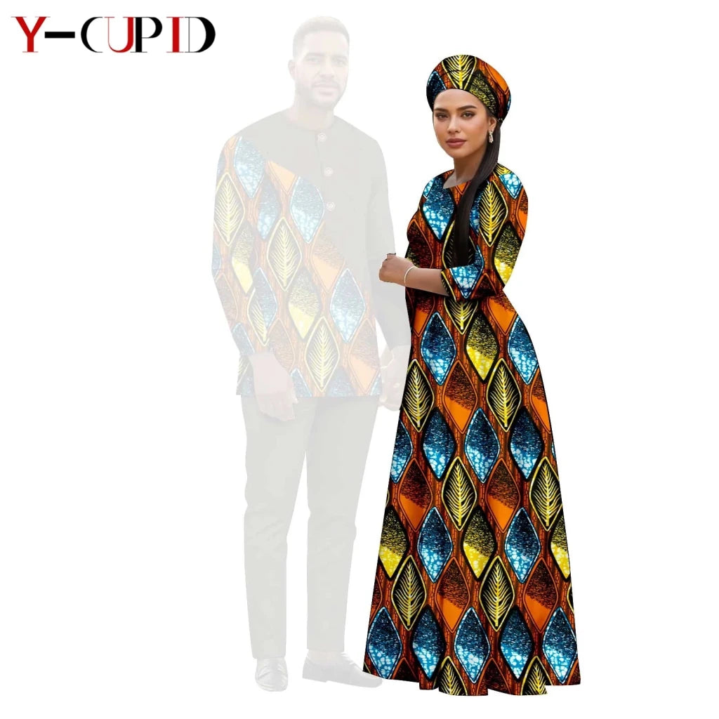 African Print Couple Outfit Set – Women’s Long Tutu Dress & Men’s Dashiki Suit Top and Pants - Free Delivery Worldwide only at Flexi Africa