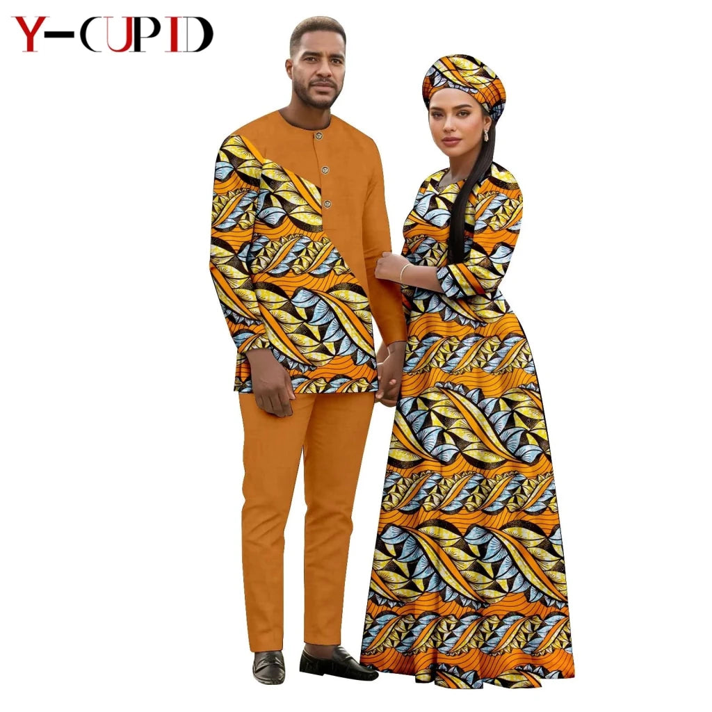 African Print Couple Outfit Set – Women’s Long Tutu Dress & Men’s Dashiki Suit Top and Pants - Free Delivery Worldwide only at Flexi Africa