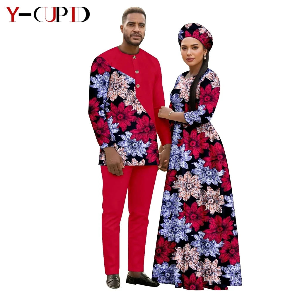African Print Couple Outfit Set – Women’s Long Tutu Dress & Men’s Dashiki Suit Top and Pants - Free Delivery Worldwide only at Flexi Africa