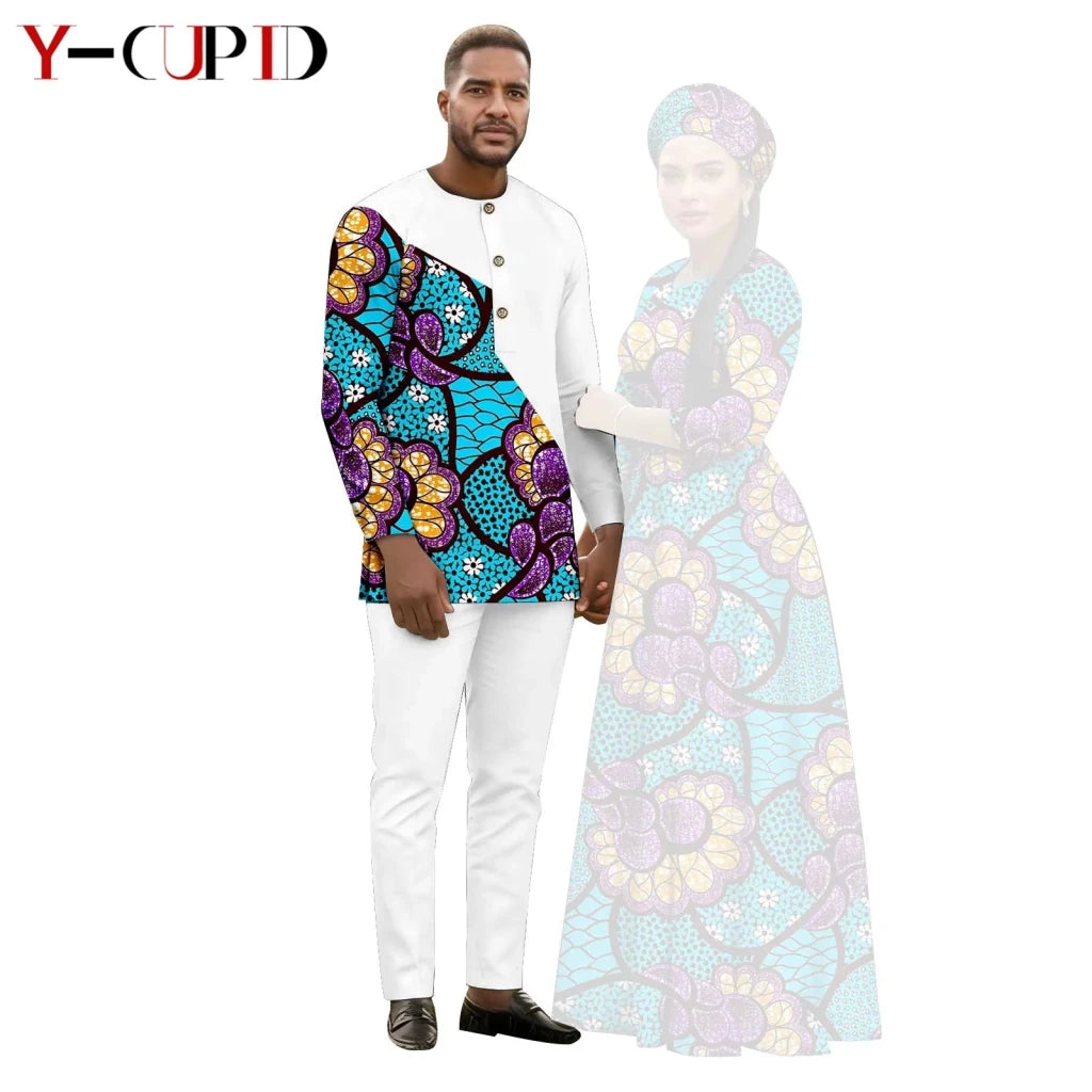 African Print Couple Outfit Set – Women’s Long Tutu Dress & Men’s Dashiki Suit Top and Pants - Free Delivery Worldwide only at Flexi Africa