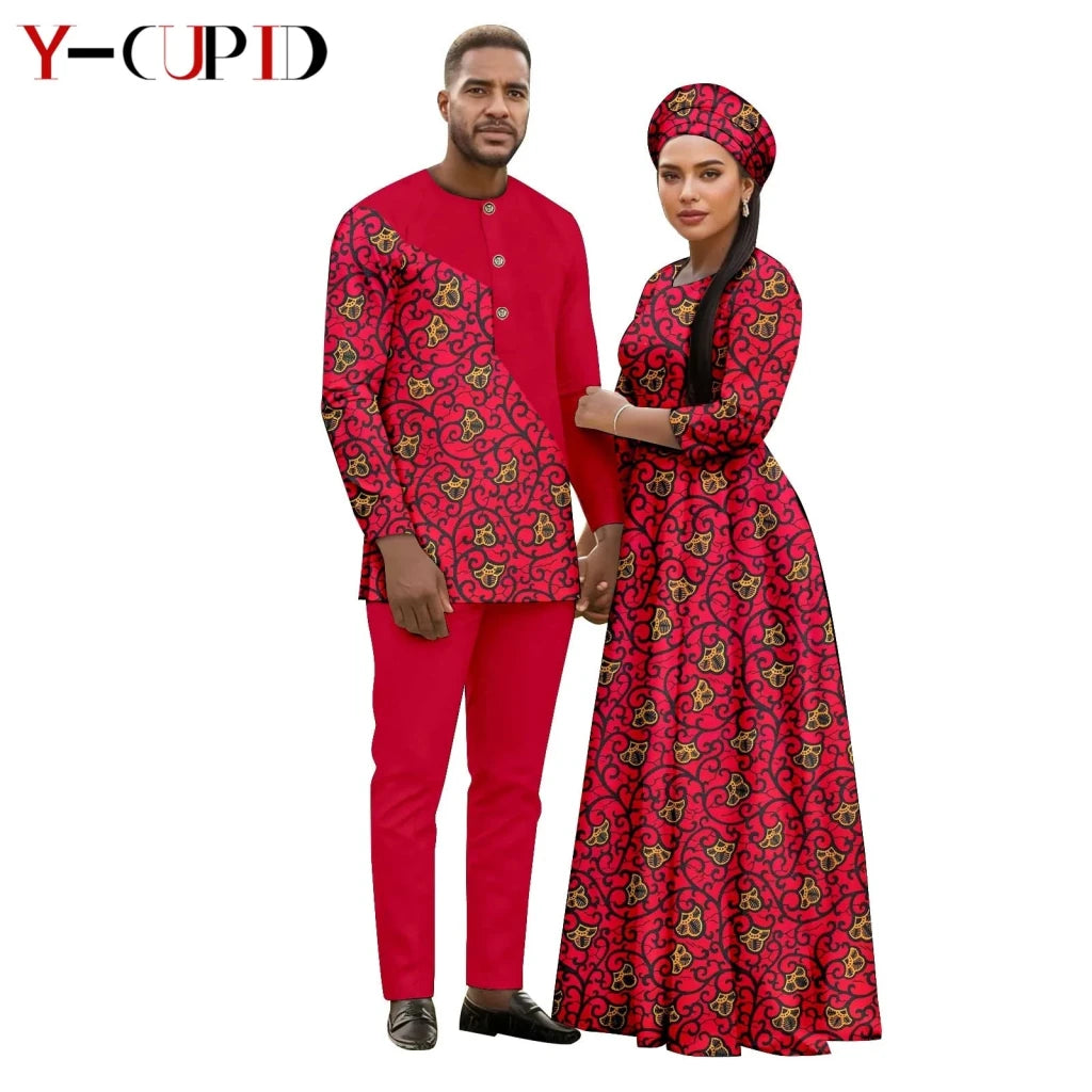 African Print Couple Outfit Set – Women’s Long Tutu Dress & Men’s Dashiki Suit Top and Pants - Free Delivery Worldwide only at Flexi Africa