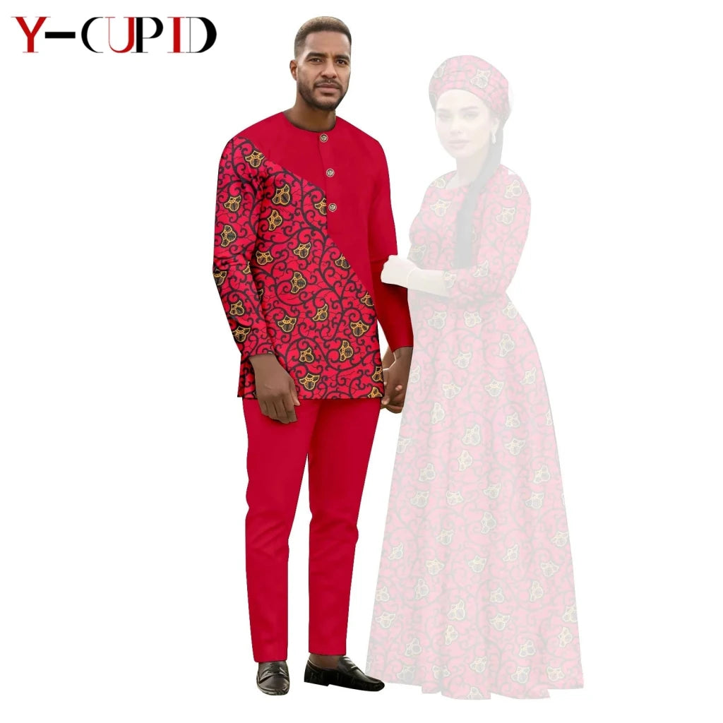 African Print Couple Outfit Set – Women’s Long Tutu Dress & Men’s Dashiki Suit Top and Pants - Free Delivery Worldwide only at Flexi Africa