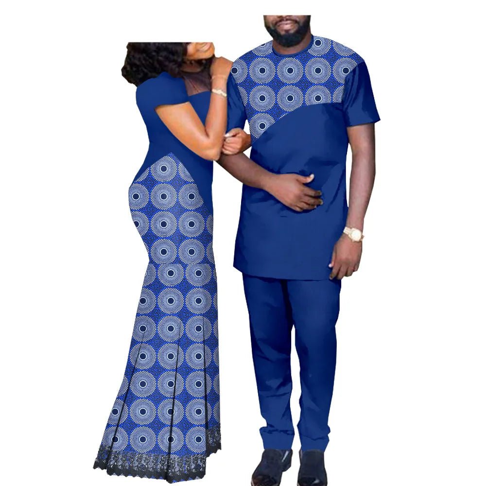 African Print Couple Set – Women’s Lace Dress Paired with Men’s Dashiki Shirt and Pants - Free Delivery Worldwide only at Flexi Africa