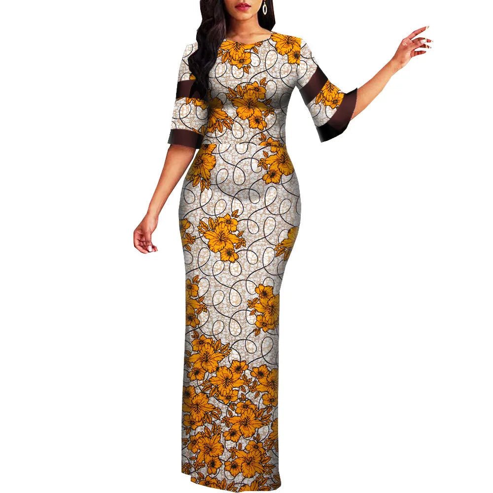 African Print Dashiki Bodycon Maxi Dress – Half Sleeve Ankara Party Wear - Free Delivery Worldwide only at Flexi Africa