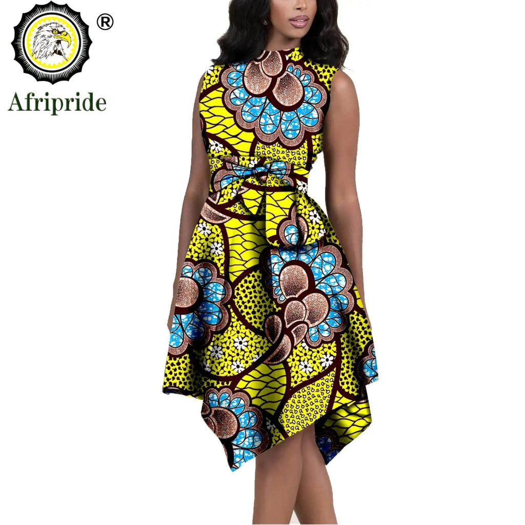 African Print Dresses for Women – Sleeveless Dashiki Ankara Knee Dress with Belt - Free Delivery Worldwide only at Flexi Africa
