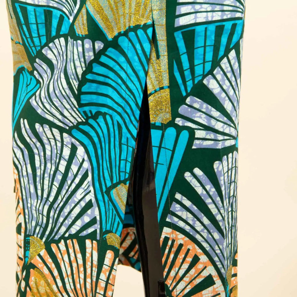 African Print Women’s Floor - Length Dress – Square Collar Long Sleeve Dashiki Gown with Belt - Free Delivery Worldwide only at Flexi Africa