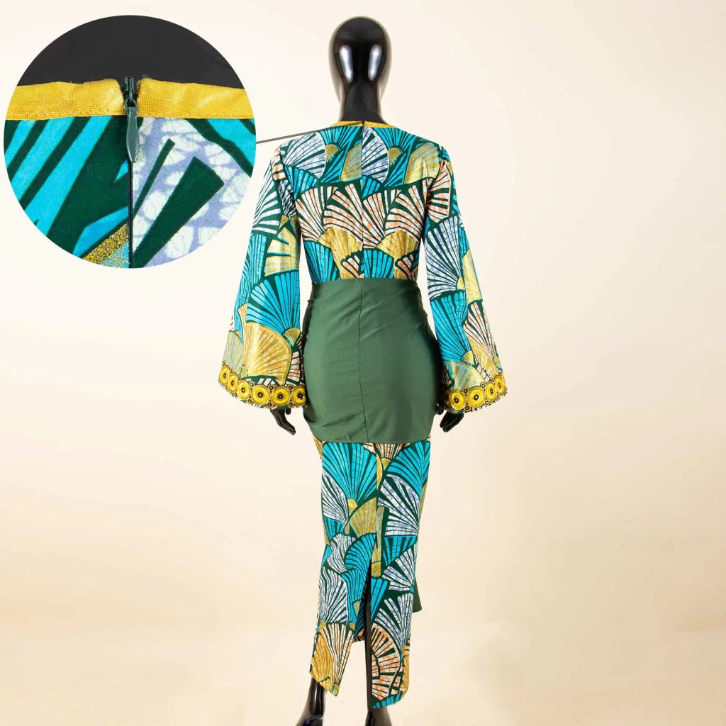 African Print Women’s Floor - Length Dress – Square Collar Long Sleeve Dashiki Gown with Belt - Free Delivery Worldwide only at Flexi Africa