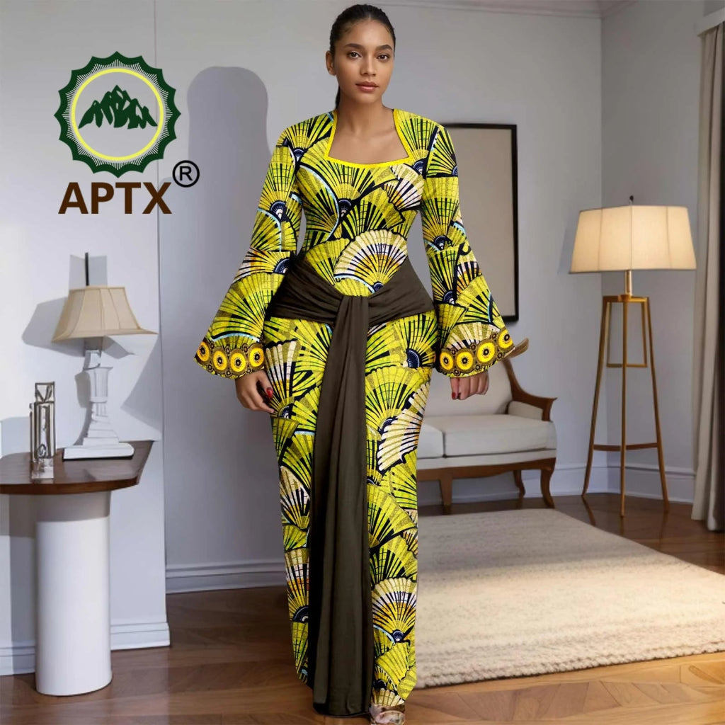 African Print Women’s Floor - Length Dress – Square Collar Long Sleeve Dashiki Gown with Belt - Free Delivery Worldwide only at Flexi Africa