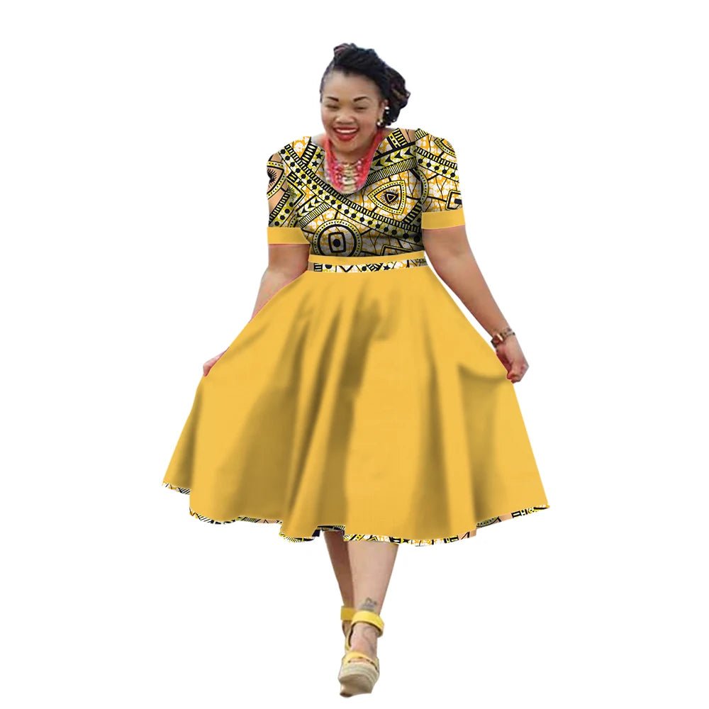 African Traditional Bazin Riche Dress for Women – Cotton Print Knee - Length Summer Wear - Free Delivery Worldwide only at Flexi Africa
