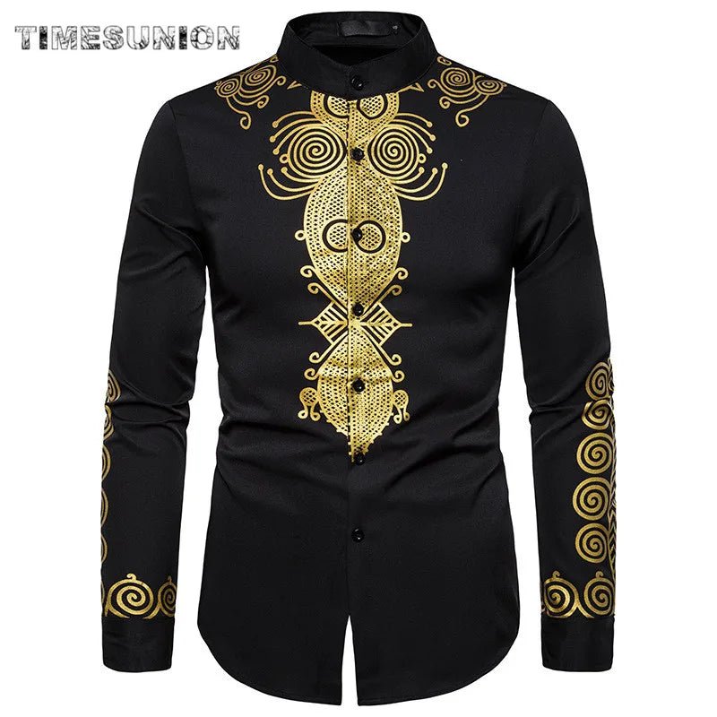 African Tribal Dashiki Totem Print Slim Fit Long Sleeve Mandarin Collar Men's Dress Shirt - Flexi Africa www.flexiafrica.com