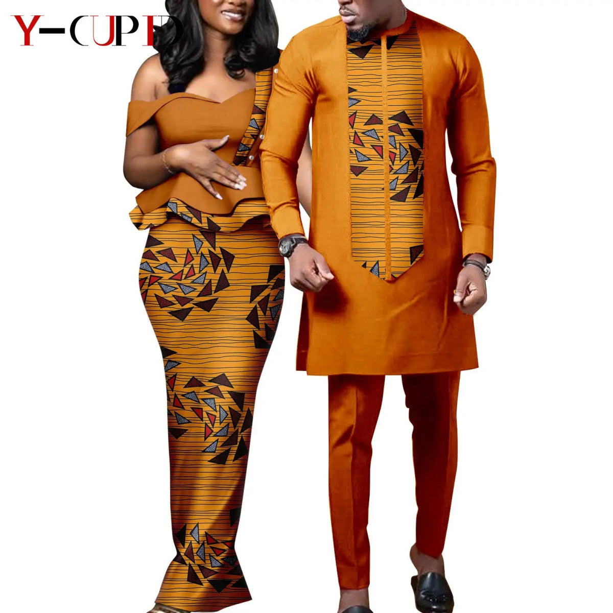 African Wedding Couple Set – Women’s Dashiki Print Dress & Men’s Kaftan Top and Pant Outfit - Free Delivery Worldwide only at Flexi Africa