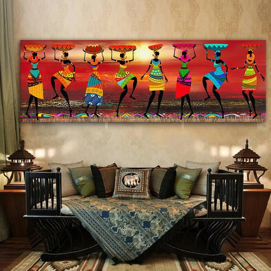 African Women Dancing: Tribal Art Oil Painting Canvas Print for Stylish Living Room Decor - Flexi Africa - Free Delivery