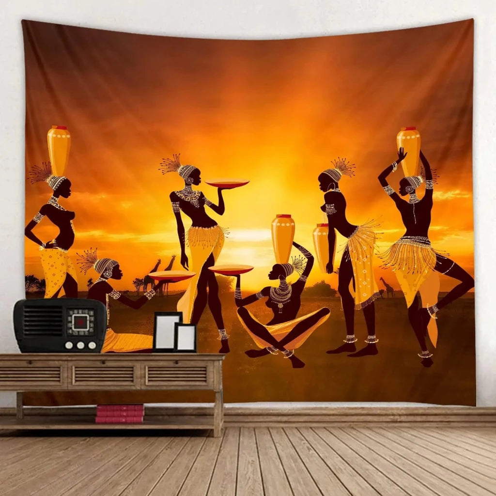 African Women Sunset Silhouette Wall Tapestry – Tribal Culture Art - Free Delivery Worldwide only at Flexi Africa