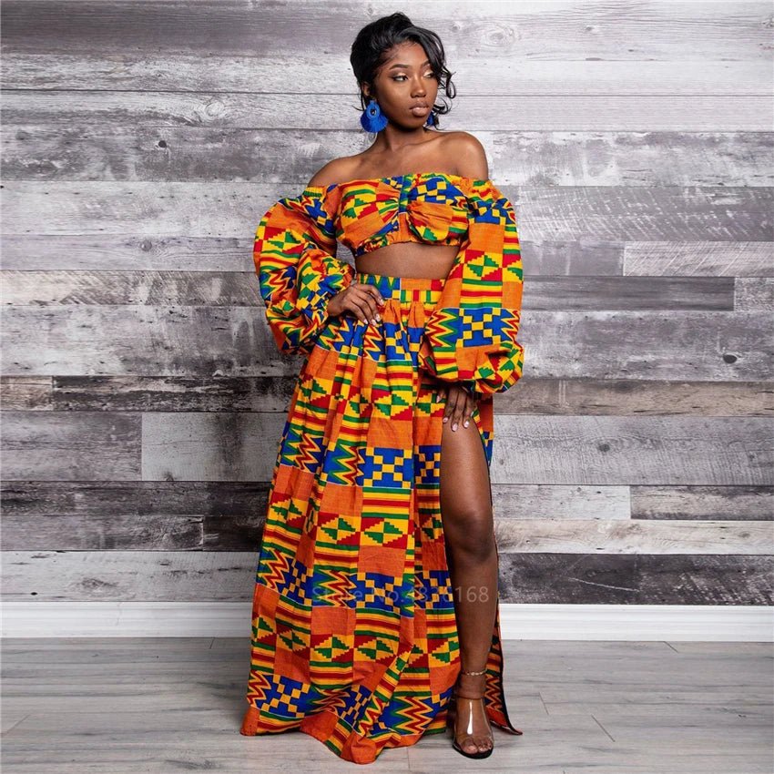 African Women’s 2 - Piece Dress Set – Dashiki Print Off - Shoulder Long Sleeve Top & Split Skirt Outfit - Free Delivery Worldwide only at Flexi Africa