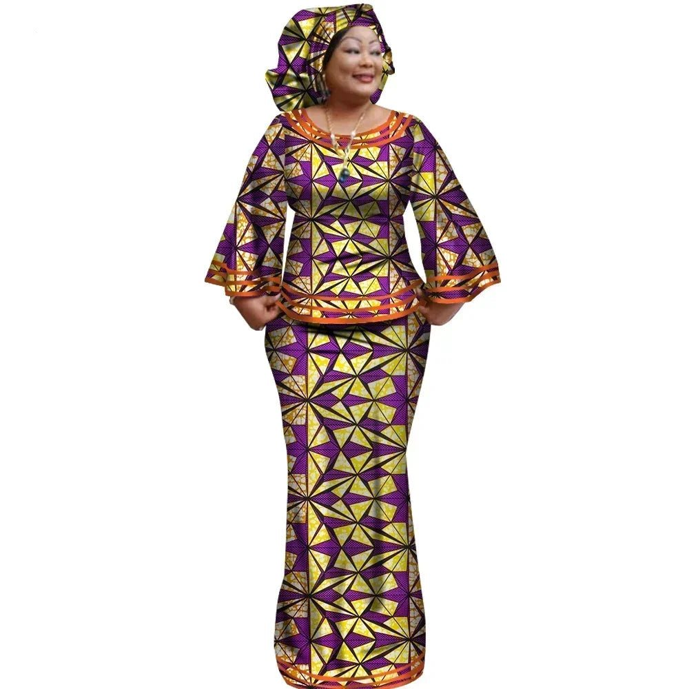 African Women’s Ankara Print 2PC Outfit – Long Sleeve Dashiki Top & Skirt Set with Matching Headwrap - Free Delivery Worldwide only at Flexi Africa