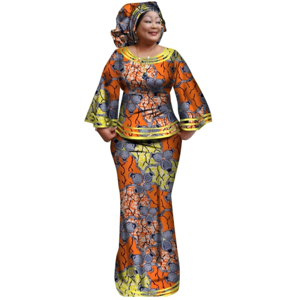 African Women’s Ankara Print 2PC Outfit – Long Sleeve Dashiki Top & Skirt Set with Matching Headwrap - Free Delivery Worldwide only at Flexi Africa