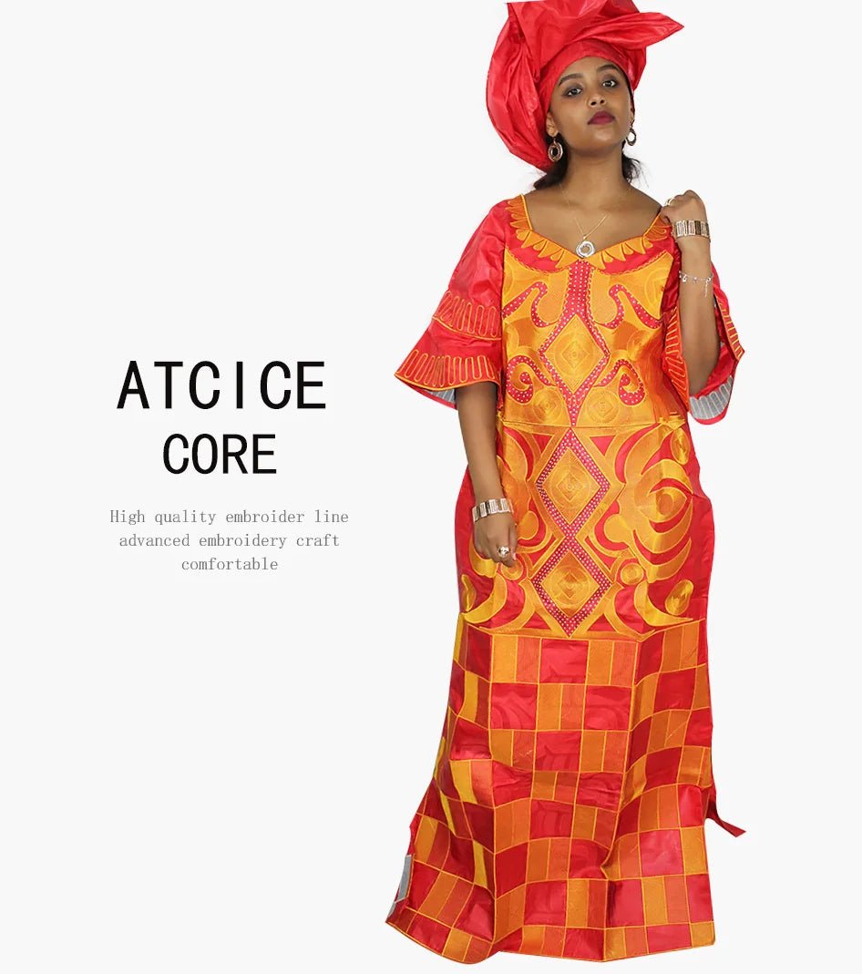 African Women's Bazin Riche Embroidered Plus - Size Long Dress with Matching Scarf - Free Delivery Worldwide only at Flexi Africa