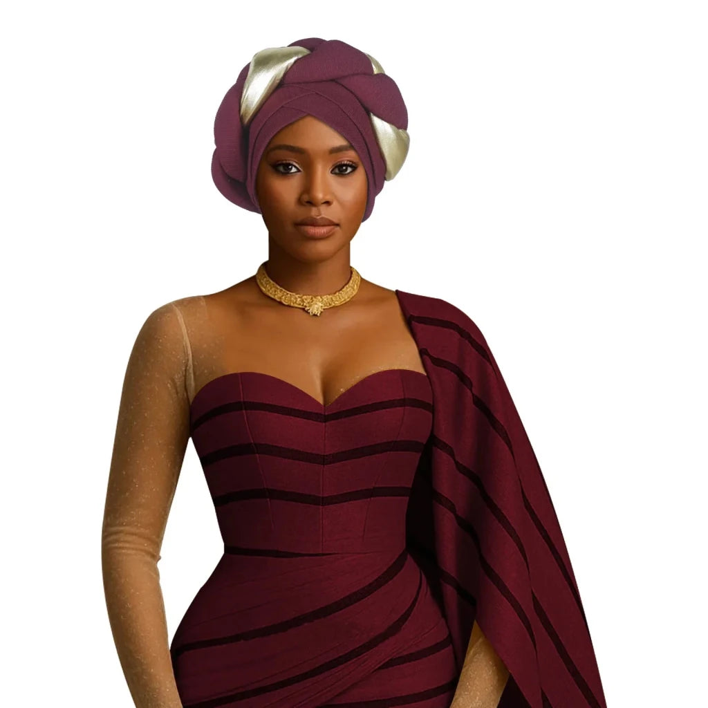 Already Made Big Braid Turban Cap – Nigerian Aso Oke Auto Gele Party Headwrap - Free Delivery Worldwide only at Flexi Africa