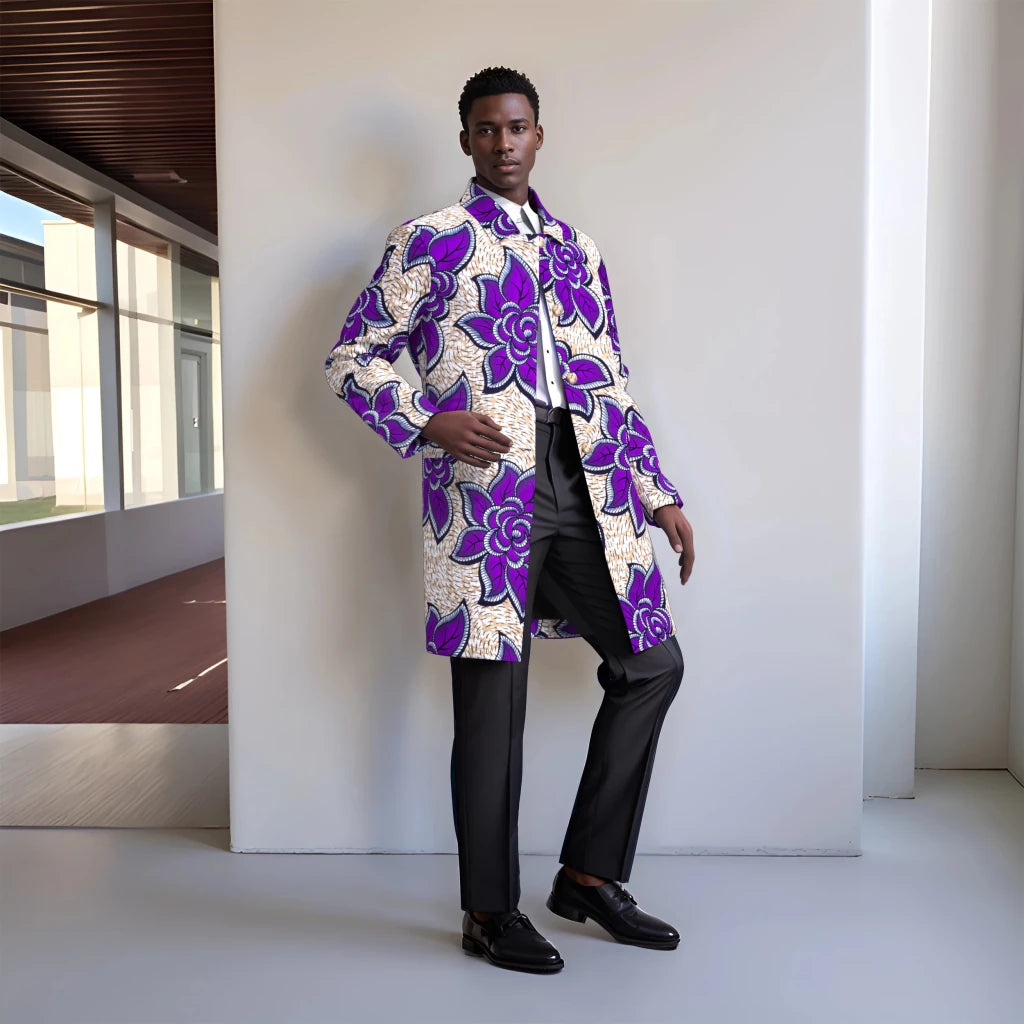 Ankara Long Blazer for Men – Bold Geometric Floral African Coat - Free Delivery Worldwide only at Flexi Africa
