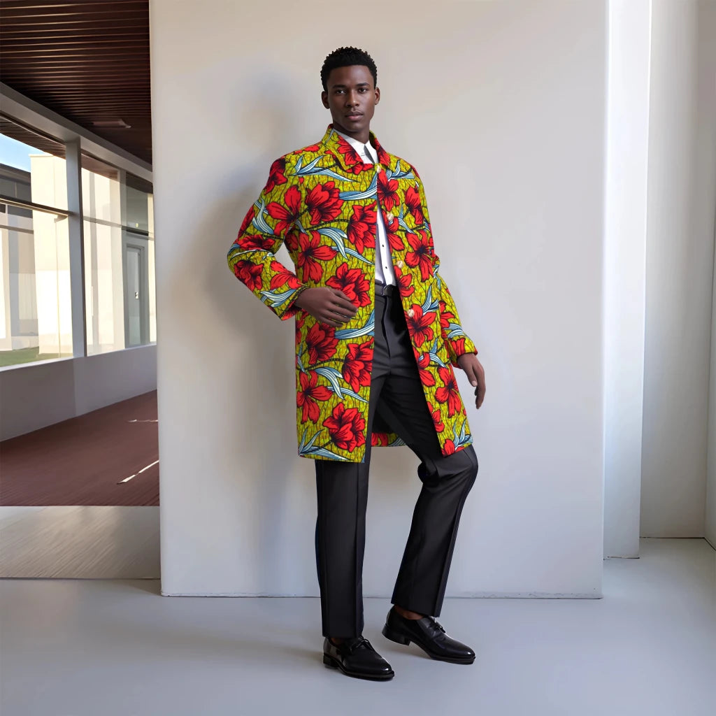 Ankara Long Blazer for Men – Bold Geometric Floral African Coat - Free Delivery Worldwide only at Flexi Africa