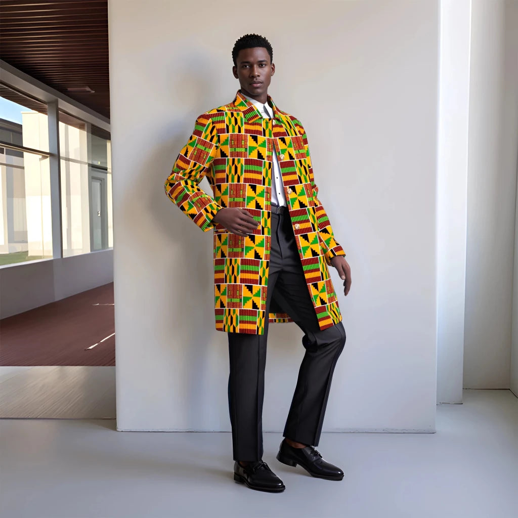 Ankara Long Blazer for Men – Bold Geometric Floral African Coat - Free Delivery Worldwide only at Flexi Africa
