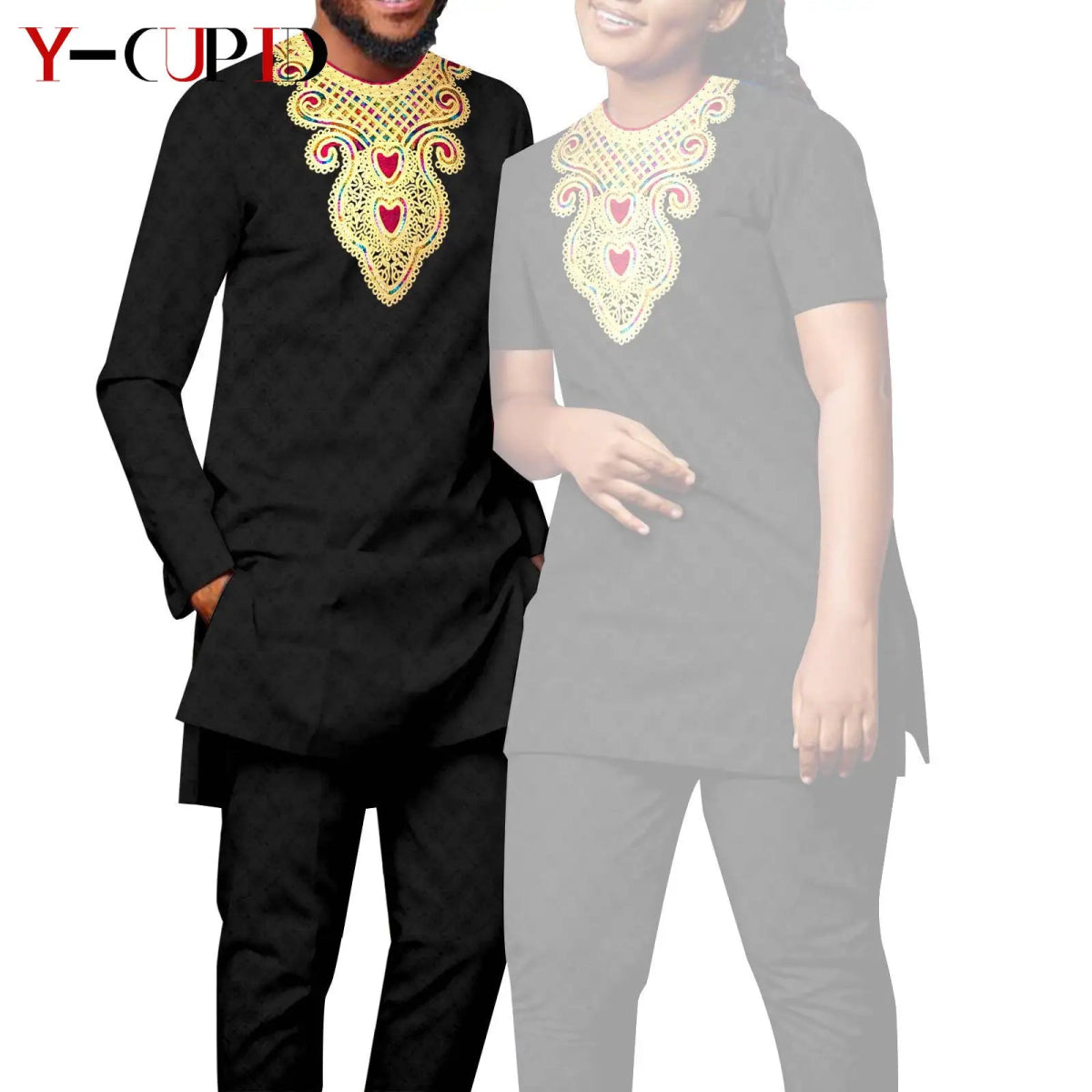 Bazin Riche Couple Outfit – Women’s Jacquard Top & Pants Set with Matching Men’s Kaftan Party Wear - Free Delivery Worldwide only at Flexi Africa