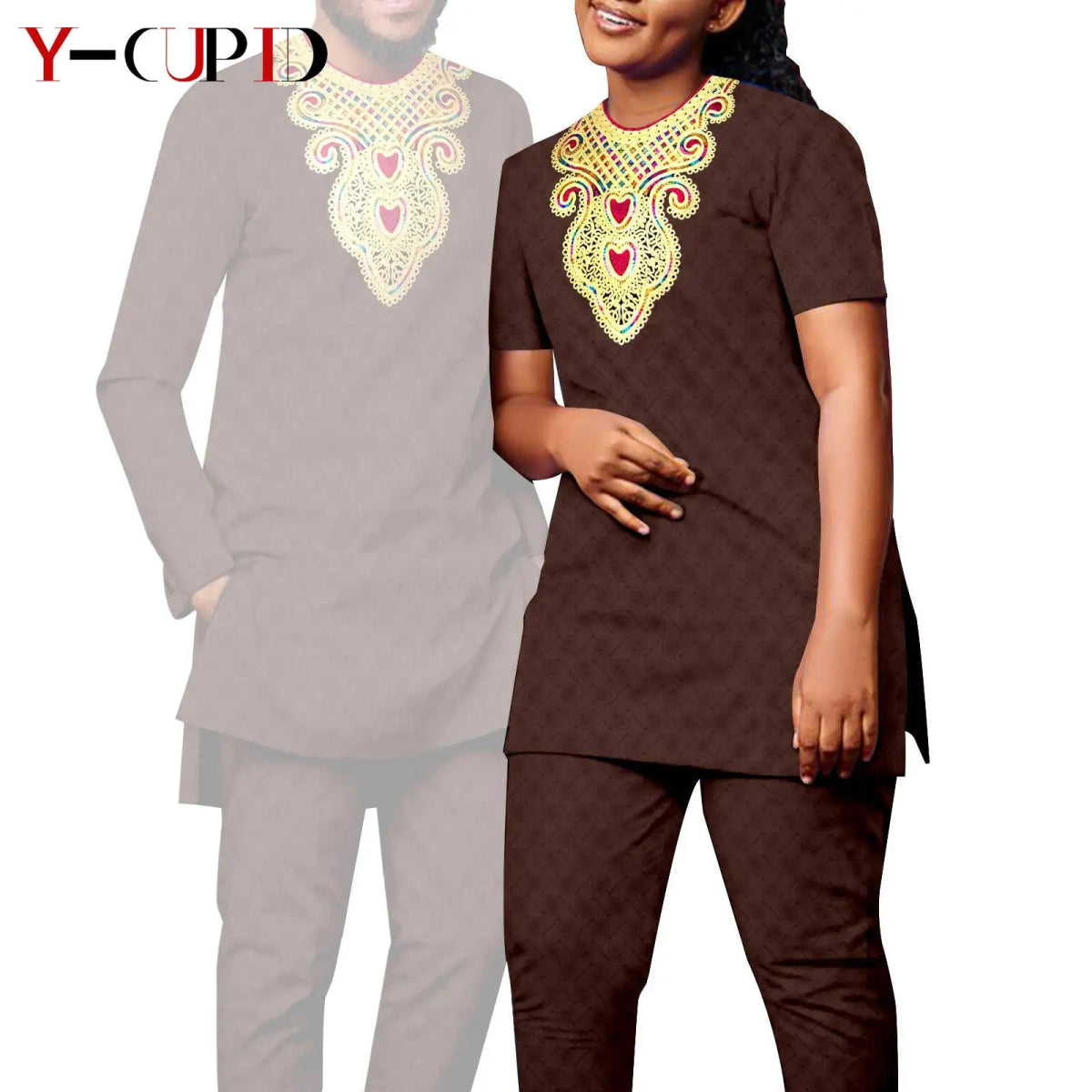 Bazin Riche Couple Outfit – Women’s Jacquard Top & Pants Set with Matching Men’s Kaftan Party Wear - Free Delivery Worldwide only at Flexi Africa