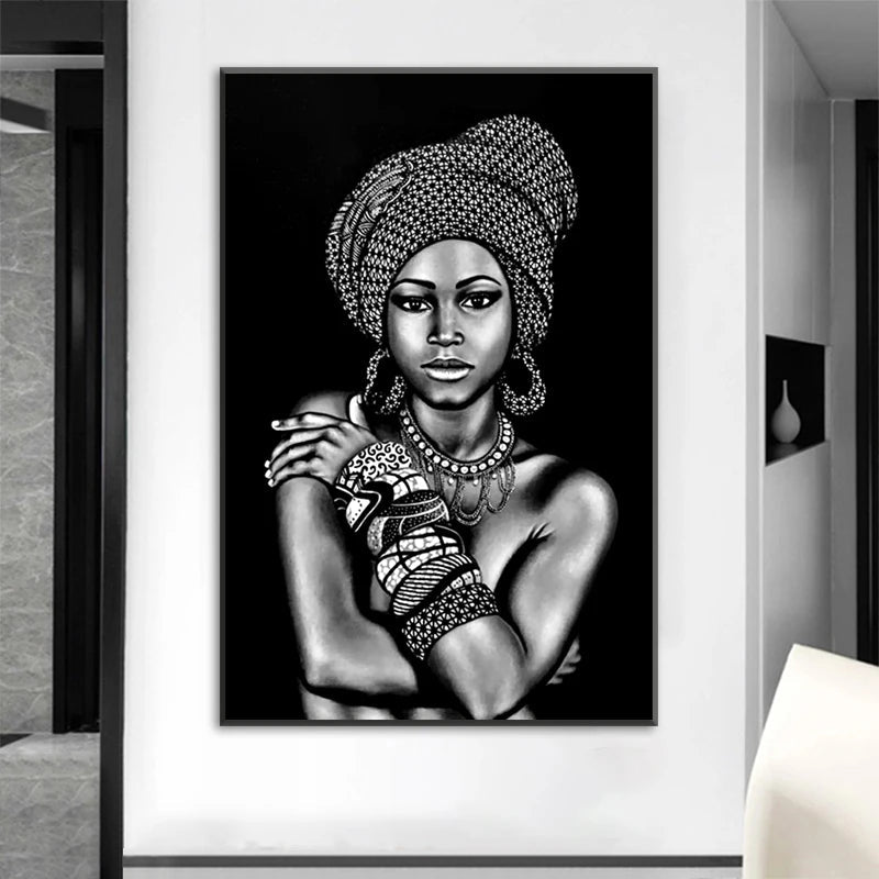 Black and White African Portrait Canvas Painting: Elegant Wall Art for Living Room and Home Décor - Flexi Africa - FREE POST