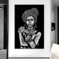 Black and White African Portrait Canvas Painting: Elegant Wall Art for Living Room and Home Décor - Flexi Africa - FREE POST