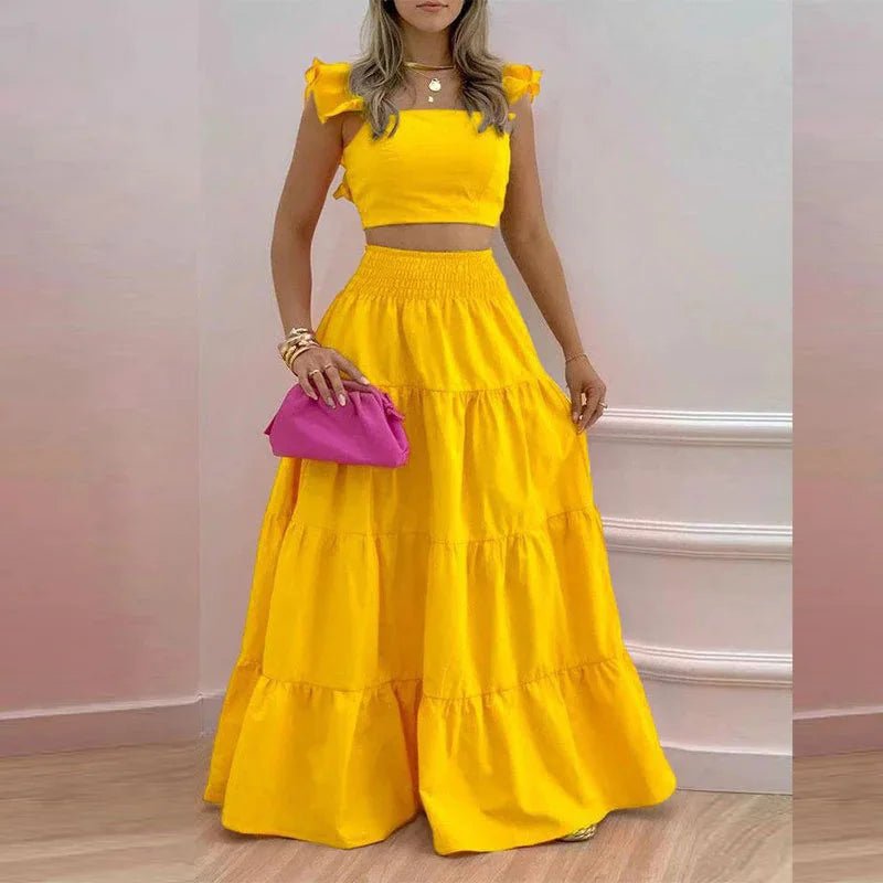 Bohemian Beach Chic: Women's 2 - Piece Set with Strapless Crop Top and Cascading Ruffles Long Skirt - Flexi Africa - Free Delivery Worldwide only at www.flexiafrica.com