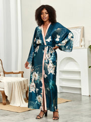 Boho Chic: Plus Size Lotus Print Kimono Cover Up with Open Front and Belt - Free Delivery Worldwide only at Flexi Africa