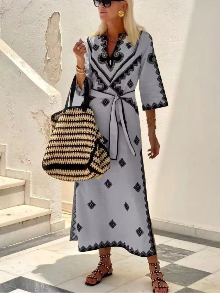 Boho Chic: Vintage V - Neck Dress with Belt - Perfect Spring/Autumn Casual Fashion for Women - Flexi Africa - Free Delivery Worldwide only at www.flexiafrica.com