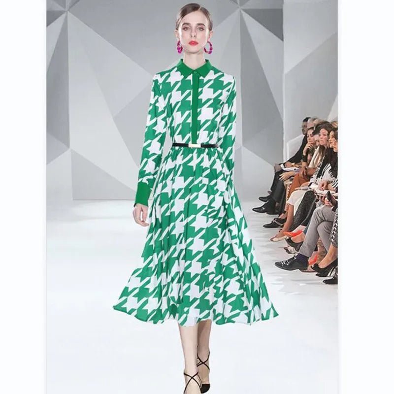 Chic Black/Green Houndstooth Maxi Dress: Elegant Lapel, Long Sleeve, Elastic Waist Design for Women - Free Delivery Worldwide