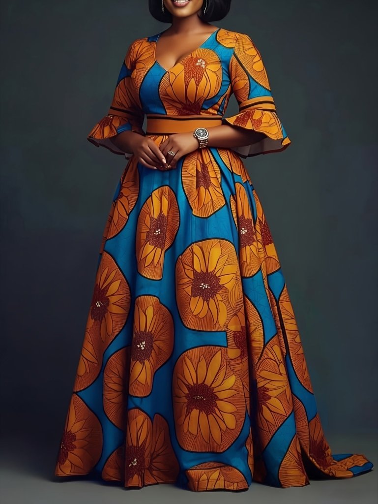 Chic V - Neck Printed Dress – Flare Sleeves & Slim - Fit Zipper Waist - Free Delivery Worldwide only at Flexi Africa