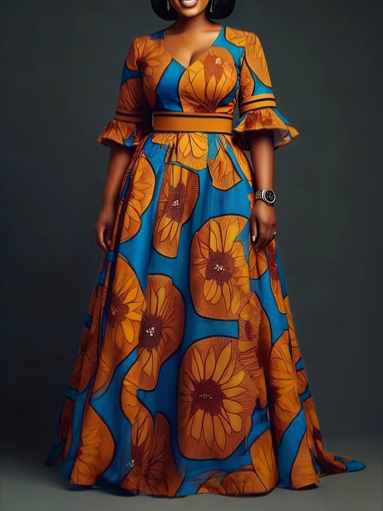 Chic V - Neck Printed Dress – Flare Sleeves & Slim - Fit Zipper Waist - Free Delivery Worldwide only at Flexi Africa