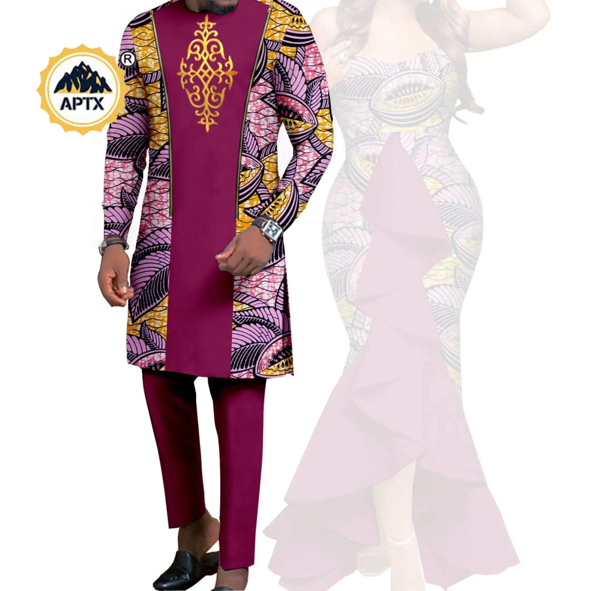 Dashiki African Couple Wedding Set – Women’s Mermaid Dress & Matching Men’s Bazin Riche Shirt and Pants - Free Delivery Worldwide only at Flexi Africa