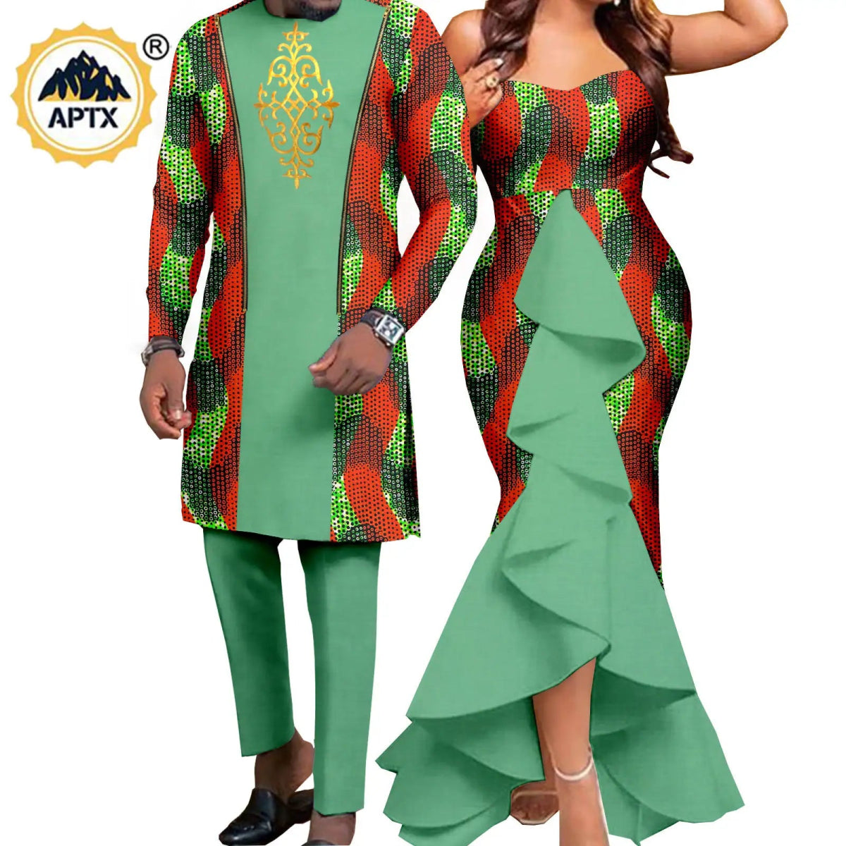 Dashiki African Couple Wedding Set – Women’s Mermaid Dress & Matching Men’s Bazin Riche Shirt and Pants - Free Delivery