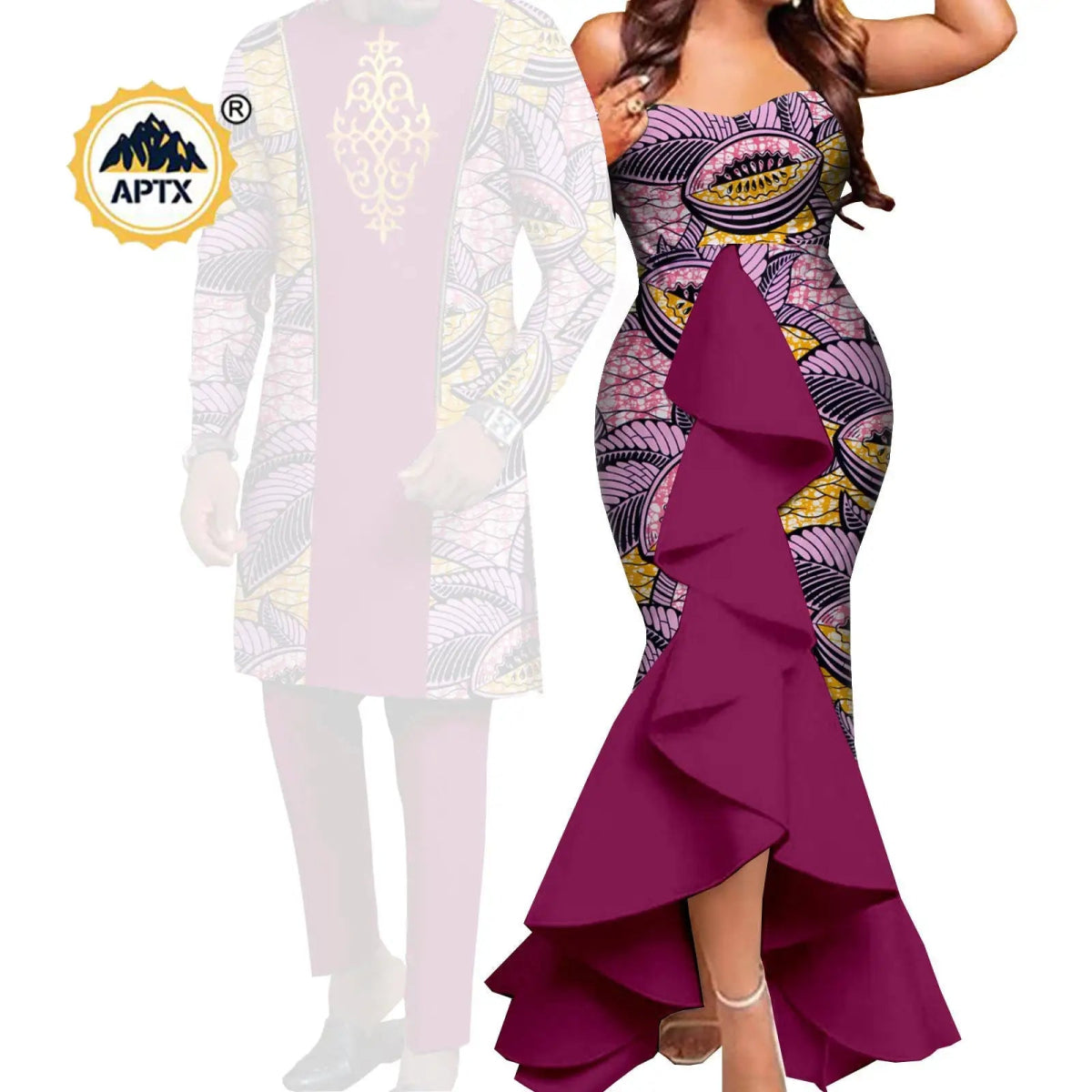 Dashiki African Couple Wedding Set – Women’s Mermaid Dress & Matching Men’s Bazin Riche Shirt and Pants - Free Delivery Worldwide only at Flexi Africa