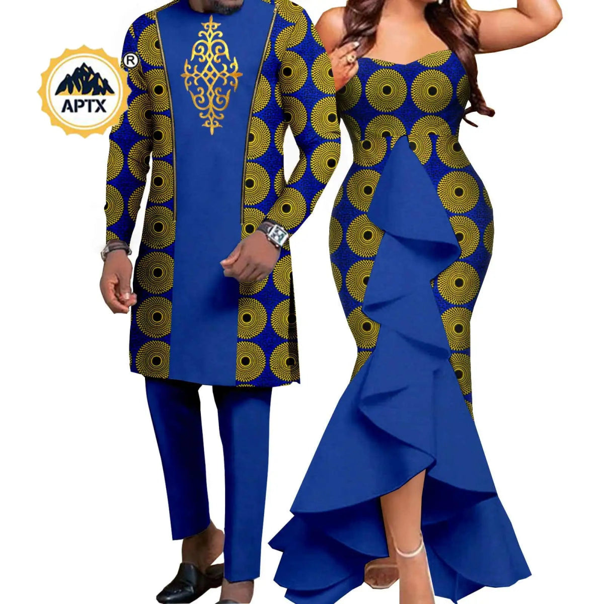 Dashiki African Couple Wedding Set – Women’s Mermaid Dress & Matching Men’s Bazin Riche Shirt and Pants - Free Delivery Worldwide only at Flexi Africa