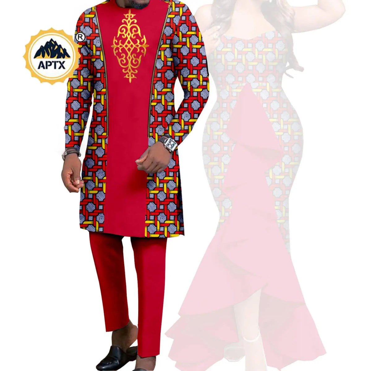 Dashiki African Couple Wedding Set – Women’s Mermaid Dress & Matching Men’s Bazin Riche Shirt and Pants - Free Delivery