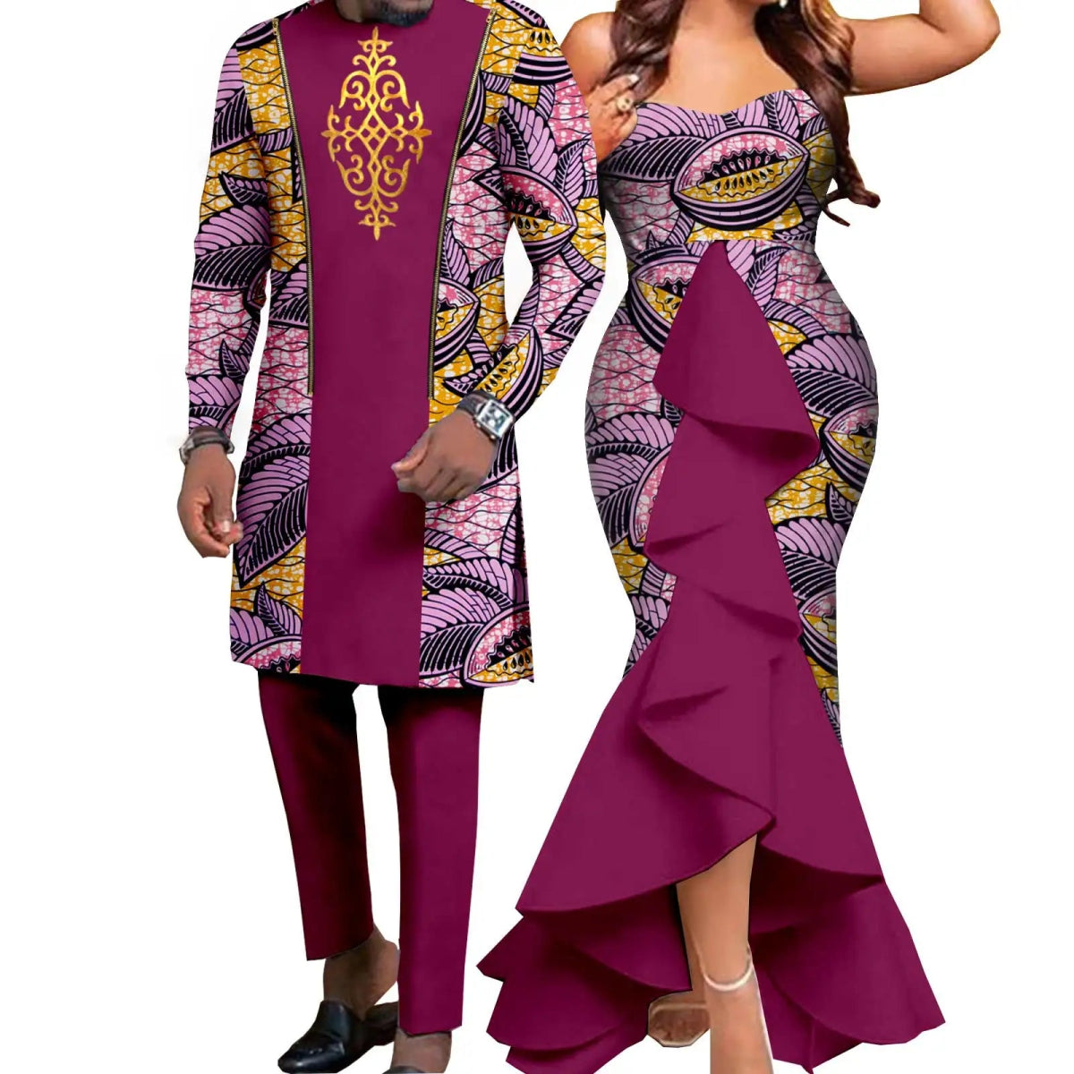 Dashiki African Couple Wedding Set – Women’s Mermaid Dress & Matching Men’s Bazin Riche Shirt and Pants - Free Delivery