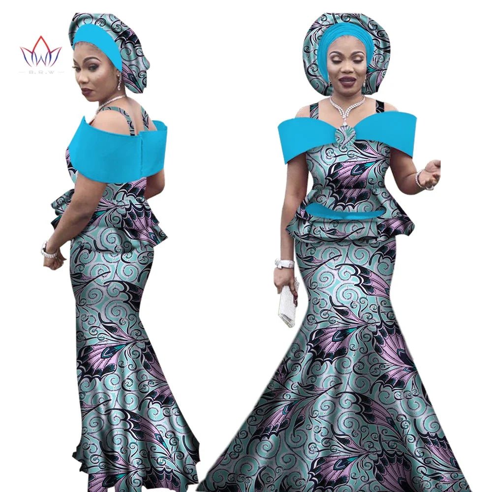 Dashiki Bazin Print Women's Set: Strap Top and Long Skirt with Headtie - Complete African Outfit Ensemble - Flexi Africa - Flexi Africa offers Free Delivery Worldwide - Vibrant African traditional clothing showcasing bold prints and intricate designs