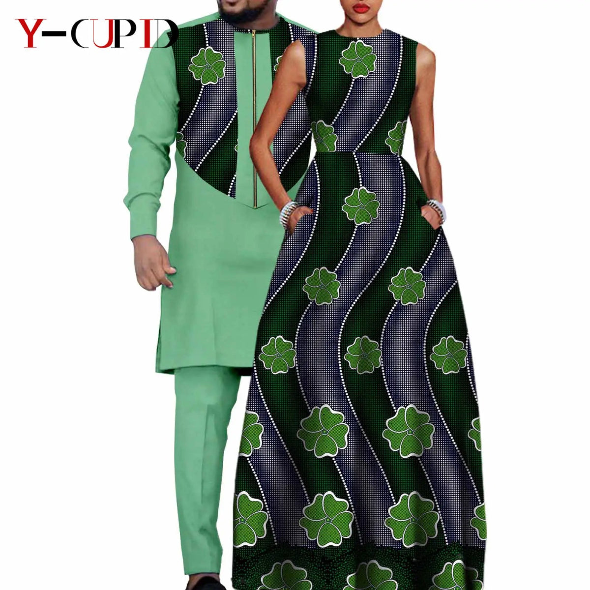 Dashiki Couple Outfit Set – Women’s African Dress with Men’s Bazin Riche Top and Pants for Special Occasions - Free Delivery Worldwide only at Flexi Africa