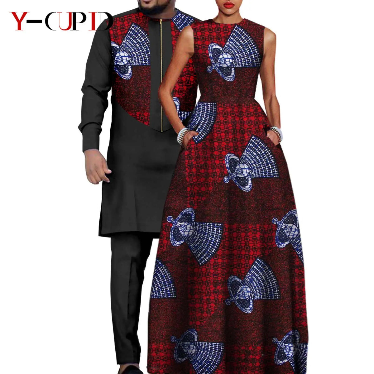 Dashiki Couple Outfit Set – Women’s African Dress with Men’s Bazin Riche Top and Pants for Special Occasions - Free Delivery Worldwide only at Flexi Africa