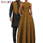 Dashiki Couple Outfit Set – Women’s African Dress with Men’s Bazin Riche Top and Pants for Special Occasions - Free Delivery Worldwide only at Flexi Africa